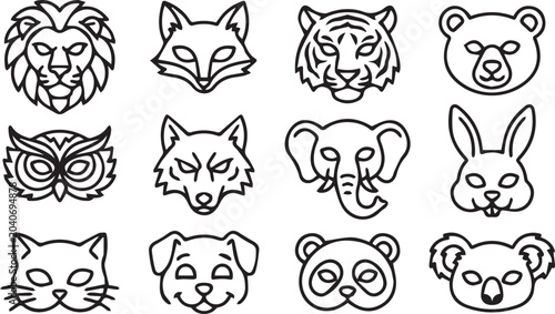 Photography Animal Faces Icon Set: Wild and Domestic Wildlife Line Art