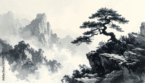 A minimalist Chinese ink wash painting
featuring a gnarled pine tree on a cliff
with extensive negative space for
desktop icons.