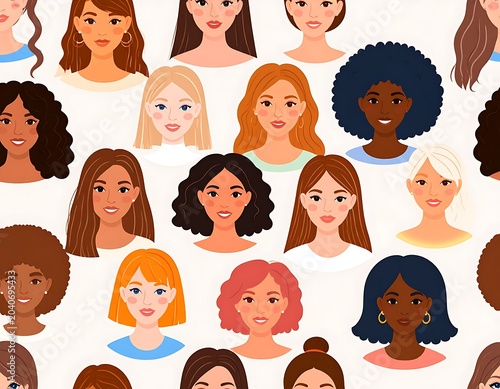 Diverse group of cartoon women with different hairstyles