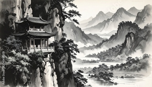 A deep, atmospheric perspective painting
of a classic mountain pavilion nestled high among ancient ridges and winding rivers.