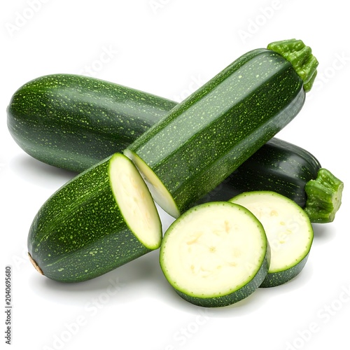 Fresh green zucchinis and sliced zucchini on white