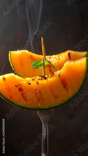 Grilled cantaloupe slice on a toothpick