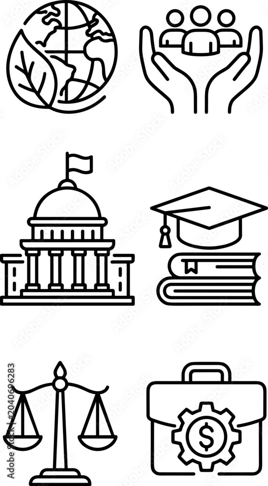 Fototapeta premium Set of six thin line vector icons representing social and professional concepts.