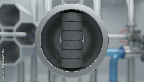Uranium dioxide ceramic fuel pellets inside zirconium nuclear reactor tube