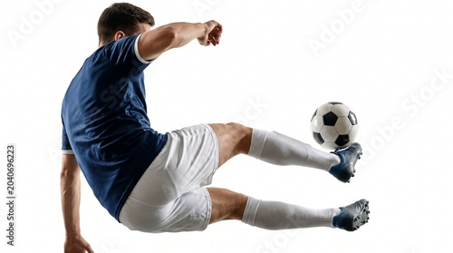 Dynamic Action Shot of a Male Soccer Player Kicking a Ball While Airborne Against a Clean White Background