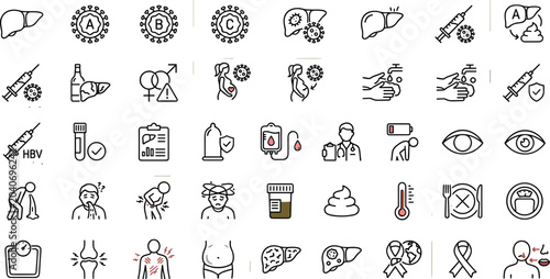 Tableau sur toile Set of medical and healthcare outline icons related to liver disease and viral infections