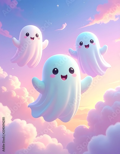 Three cheerful ghosts float in a pastel sky