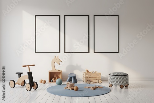 Nursery room with toys and furniture for kids play area with tricycle and wooden blocks on blue rug and white wooden floor