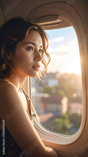 A young woman gazes out an airplane window at sunset