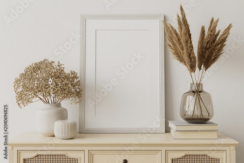 A beige wooden sideboard with a white picture frame and vases with dried flowers on top  interior design and home decor concept