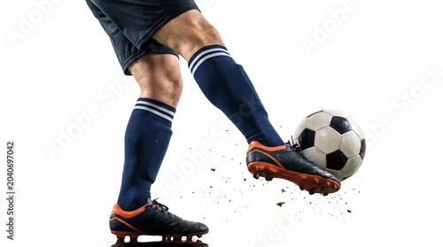 Dynamic shot of a soccer player's leg making powerful contact with the ball, creating a splash of dirt on a white background, embodying athletic skill and game intensity