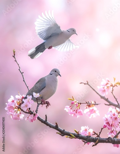 Two birds on a flowering branch