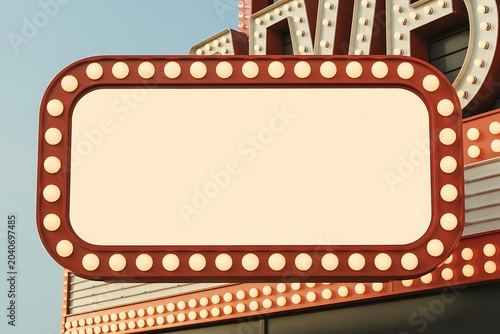 Vintagestyle marquee sign with lights on theater building exterior  empty blank billboard for advertisement  classic cinema marquee board with clear blue sky background