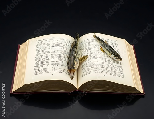 An open book with two fish on its pages