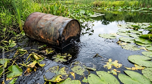 Rusted old barrel contaminating natural lake water with oil leak, pollution