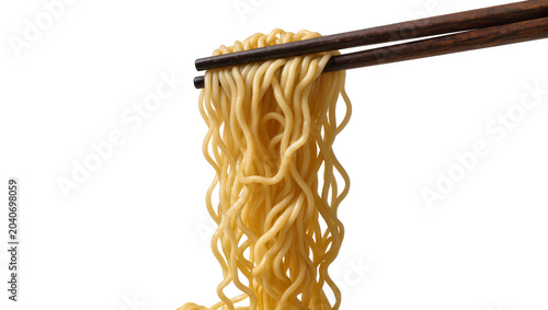 Obraz na płótnie Dark wooden chopsticks holding cooked yellow ramen noodles, isolated on transpar