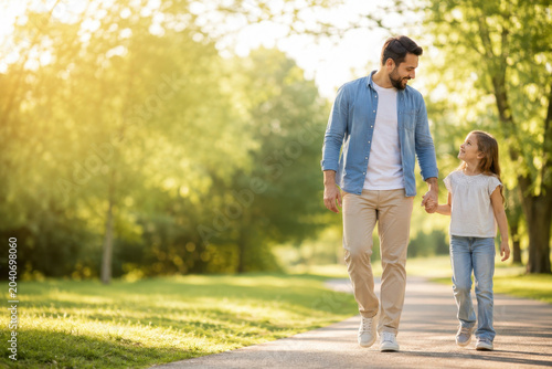 Father daughter walk happy family summer park green tree sunlight nature background casual clothing smiling child parental love weekend leisure walking together peaceful park, warm sunlight