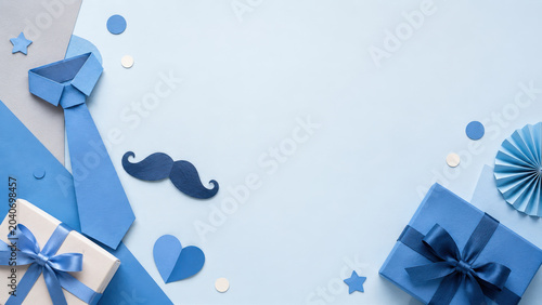 Father day background gift box tie moustache heart blue paper decoration card design