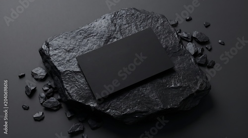 Minimalist black business card mockup on dark stone, premium stationery branding template on charcoal rock, elegant matte card on slate background