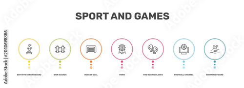 Foto sport and games icon set with boy with skatingboard, shin guards, football chann