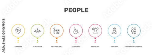 Foto people icon set with alien smile, team success, kidnapping, woman and man partne