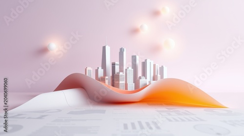 Cityscape rests upon flowing data visualization. Soft lighting, pastel colors create modern aesthetic. Charts suggest growth, analysis.