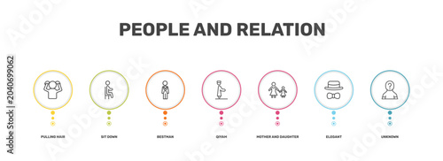 Photos people and relation icon set with pulling hair, sit down, elegant, unknown signs