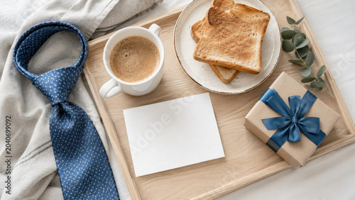 Fathers day breakfast gift necktie coffee toast greeting card tray surprise celebration Cozy fathers day breakfast with coffee toast gift and necktie wooden tray, greeting card ready for message