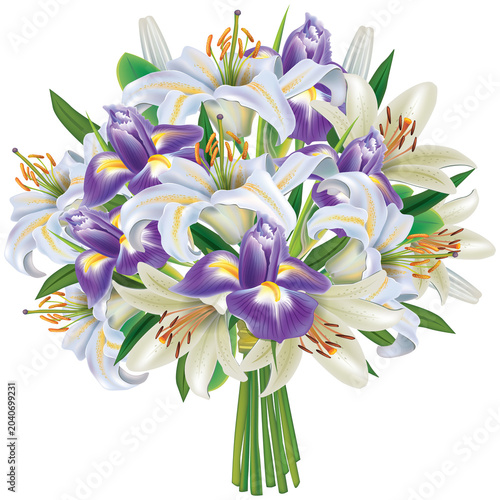 Elegant White Lily and Purple Iris Bouquet Isolated on Transparent Background