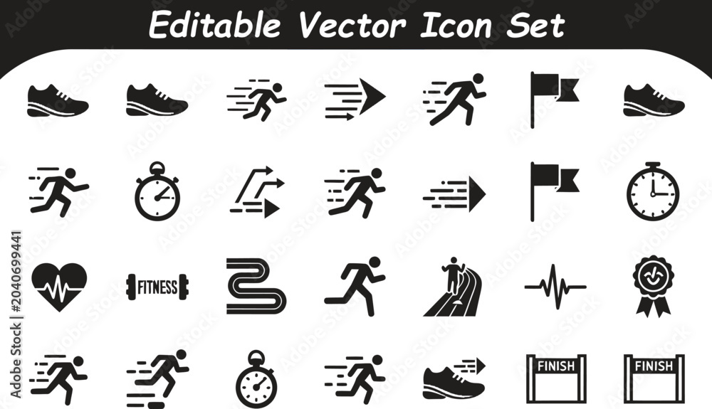 Fototapeta premium Fitness and athletic training vector icon collection with training marathon exercise performance