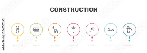 Konstfotografi construction icon set with inclined clippers, brickwall, truck with crane, big d