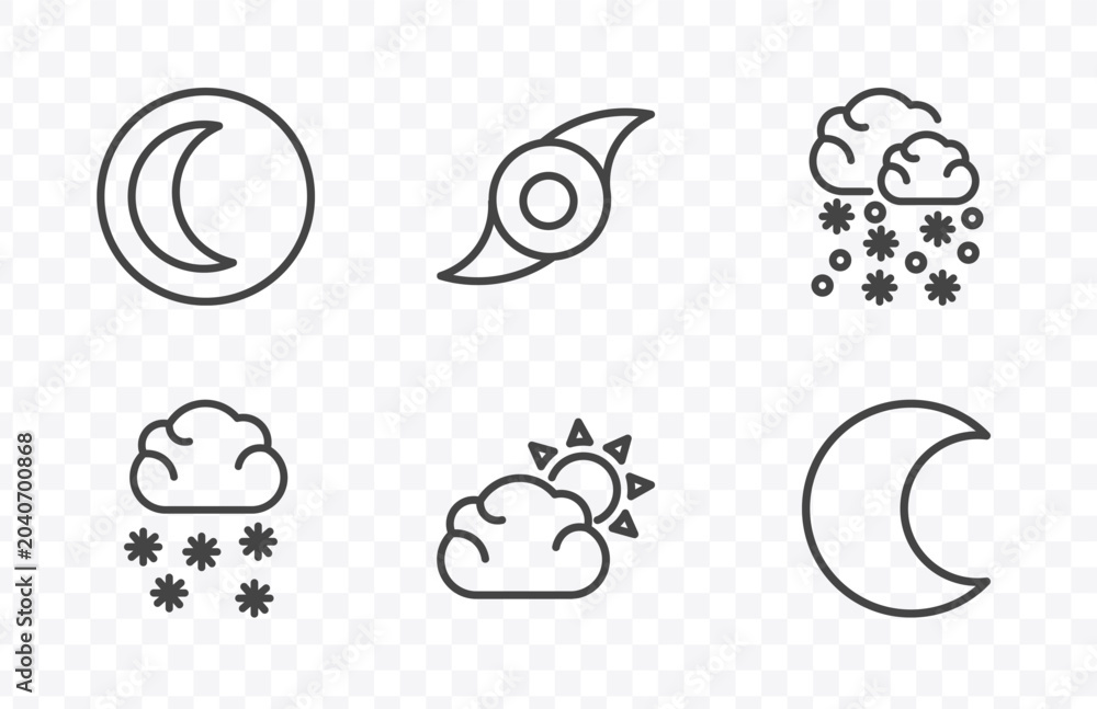 Obraz premium weather icon set with waning moon, tropical storm, clouds and sun, waxing moon signs in flat outline style