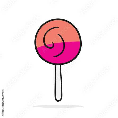 A colorful hand drawn lollipop illustration with pink and orange swirls.