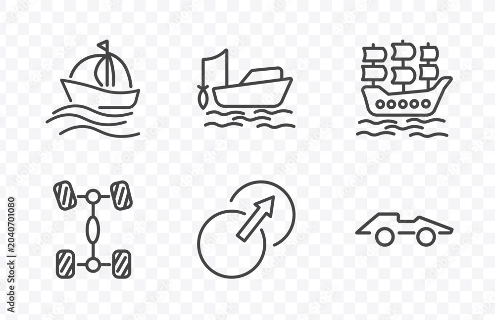 Obraz premium transportation icon set with sailing, fishing boat, transition, formula 1 signs in flat outline style