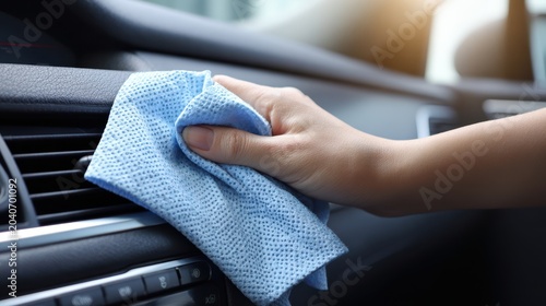 Benefits of Antibacterial Wipes. A hand cleans the air vent of a car dashboard with a blue microfiber cloth.