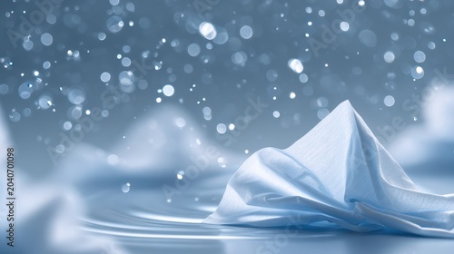 Benefits of Antibacterial Wipes. A paper boat floating on water with droplets and a cool blue background creating a serene atmosphere.