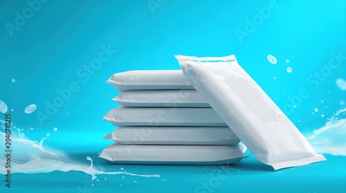 Benefits of Antibacterial Wipes. Stacked white sachets with water splashes on a vibrant blue background, showcasing packaging design.