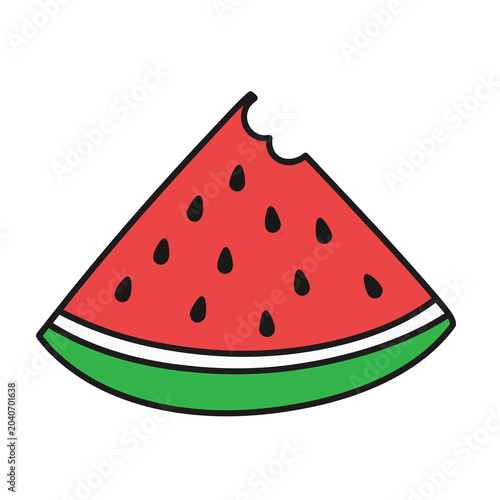 A colorful vector illustration of a single slice of juicy watermelon with a bite mark.