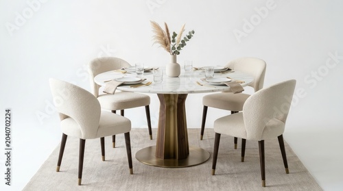 White dining table and chairs in modern interior dining room design with wooden furniture and empty stylish home or restaurant setting