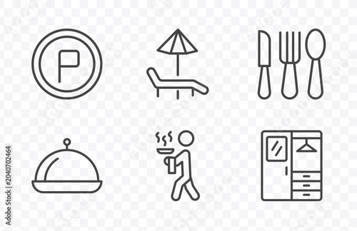 hotel and restaurant icon set with parking, hammock, servant, checkroom signs in flat outline style