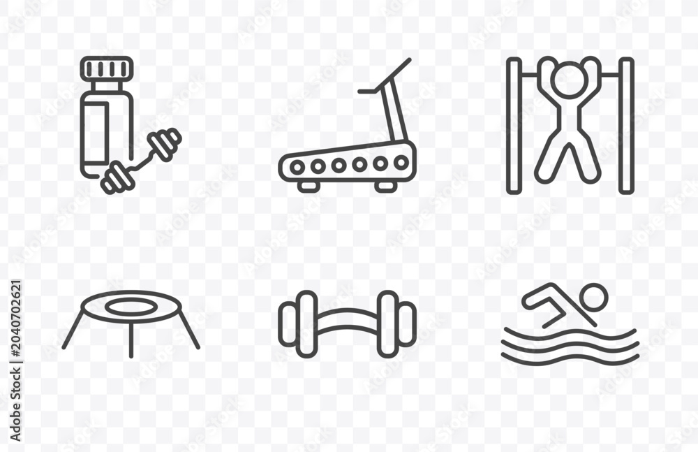 Fototapeta premium fitness and gym icon set with protein shake, running treadmill, barbell weightlifting, man swimming signs in flat outline style