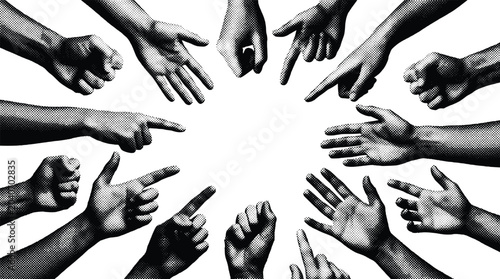 Group of hands reaching and pointing towards middle in halftone texture style for creative concept on transparent grid background.