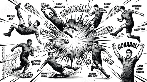Soccer skills and maneuvers collection featuring players performing bicycle kick sliding tackle and goal celebration engraving.