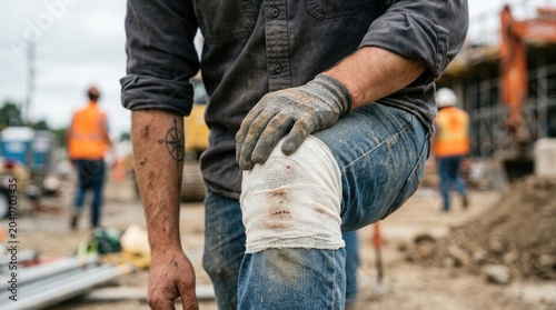 Injured construction worker kneeling with bandaged knee on jobsite