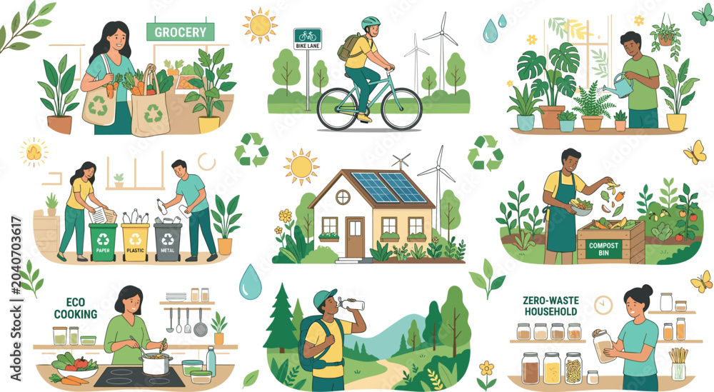 Obraz premium Zero Waste Sustainable Lifestyle Vector Character Set for Eco Friendly House and Green Ecology Illustrations