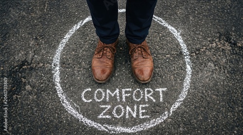 Comfort zone concept person standing inside chalk circle on asphalt