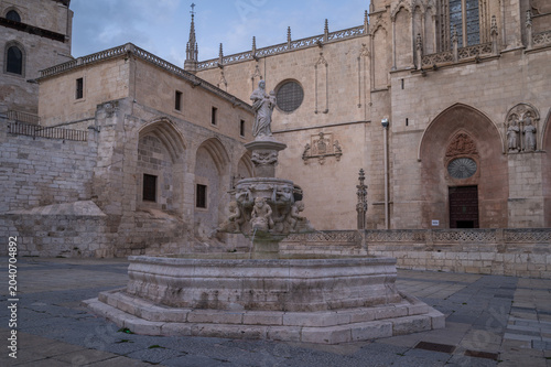 Historic Burgos Cathedral Facade With Ornate Stone Fountain And Gothic Architecture In Spain