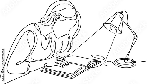 Photos Continuous line drawing of a woman reading a book under a desk lamp