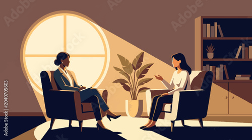 Flat design illustration of mental health therapist listening to, cozy mood