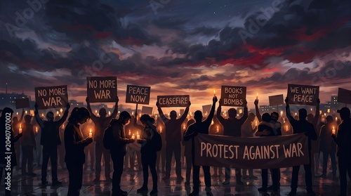 Diverse crowd of people holding candles and protest signs during a peaceful evening gathering to demand global peace and unity